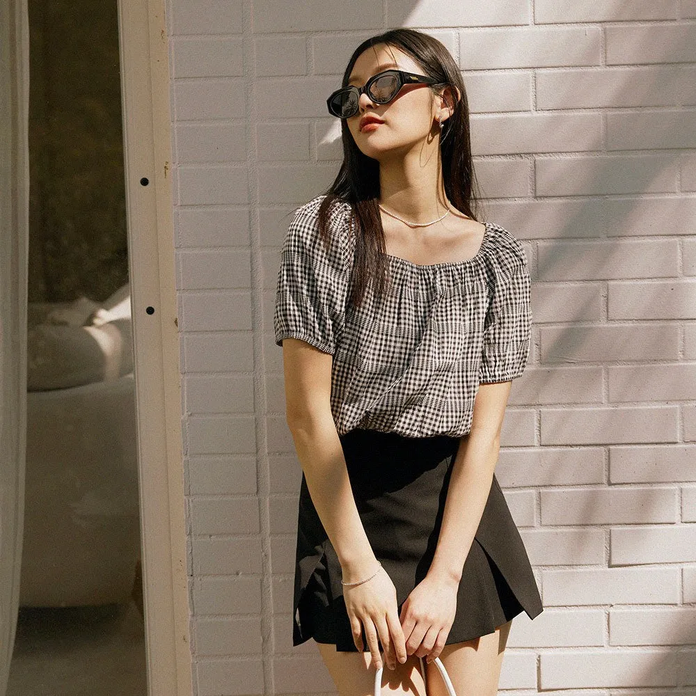 Casual Korean Plaid Cotton Crop Blouse Top