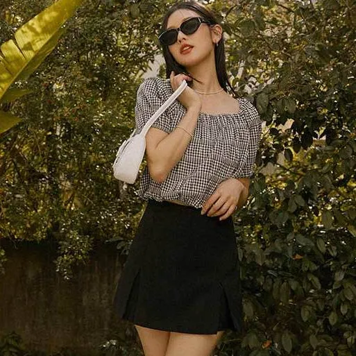Casual Korean Plaid Cotton Crop Blouse Top