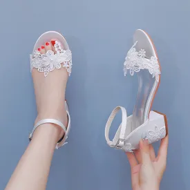 Chunky White Sandals Lace Flower Bridal Wedding Shoes