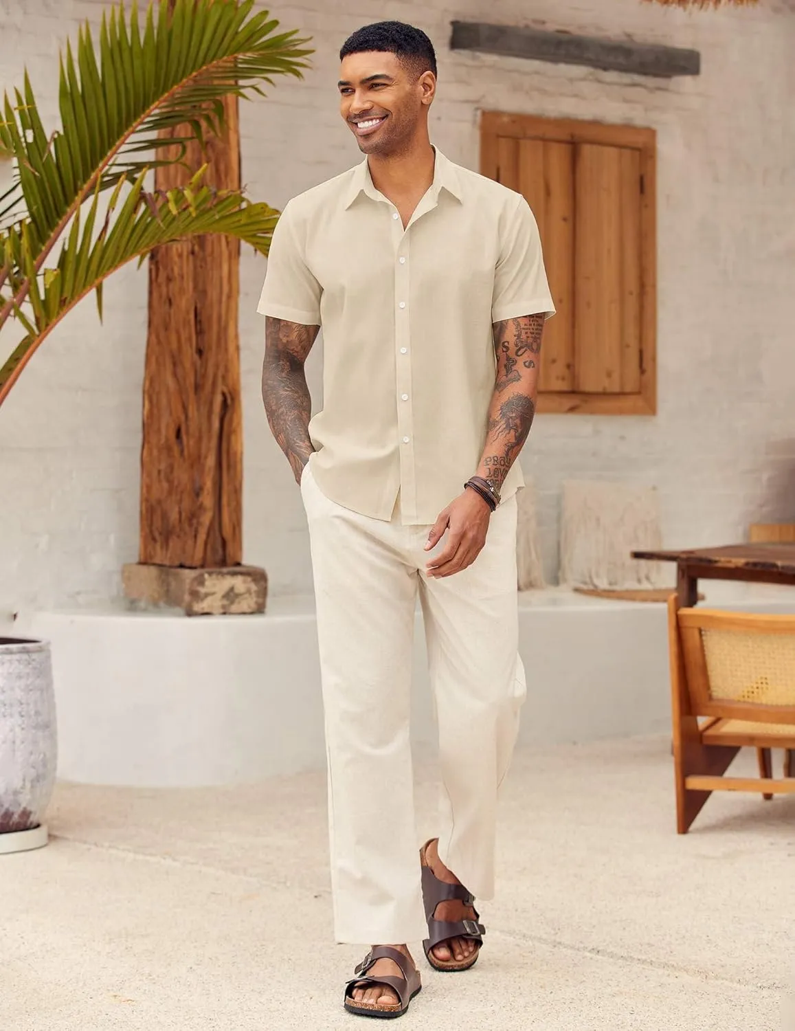COOFANDY Men's Linen Casual Short Sleeve Shirt Button Down Summer Beach Wedding Shirts