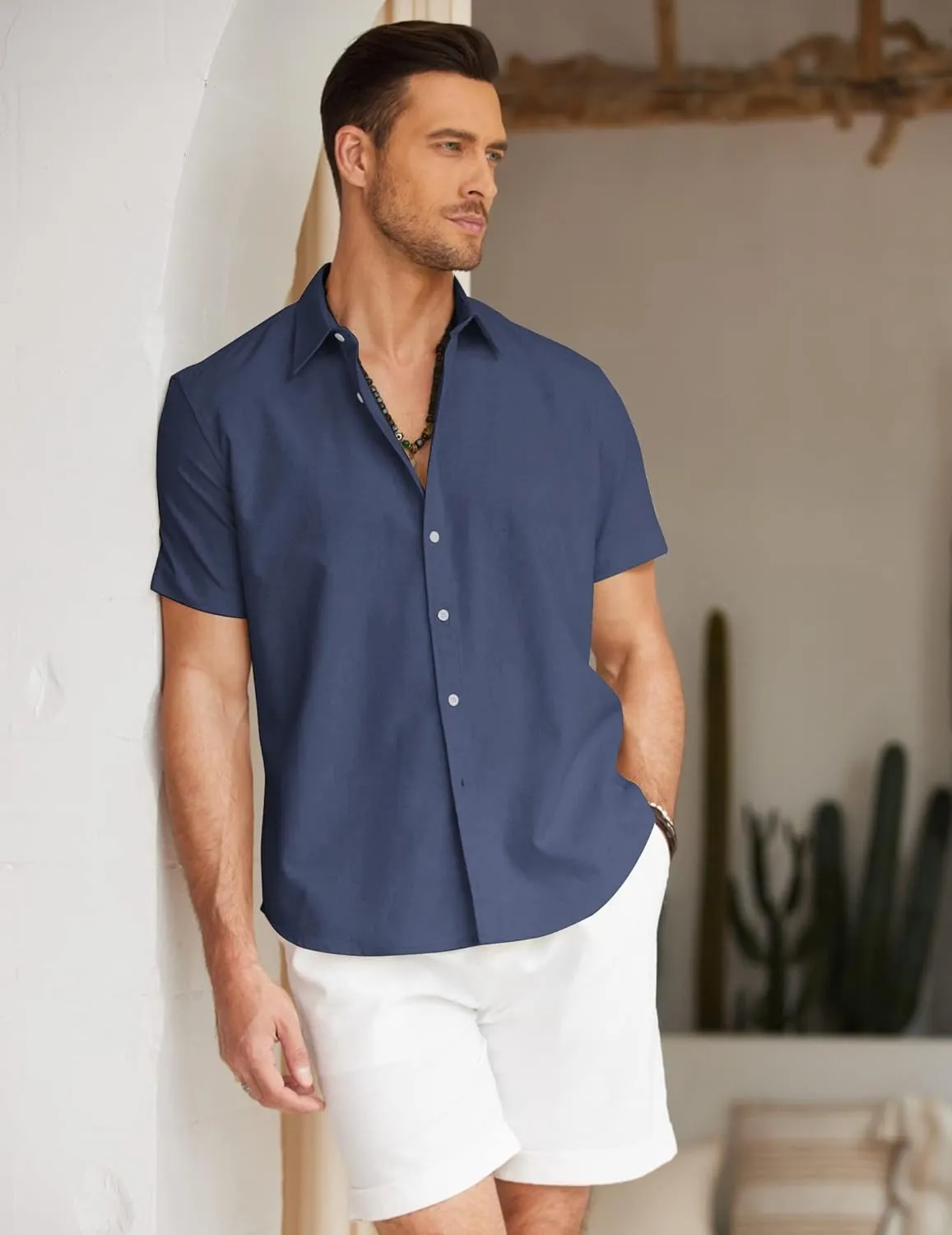 COOFANDY Men's Linen Casual Short Sleeve Shirt Button Down Summer Beach Wedding Shirts