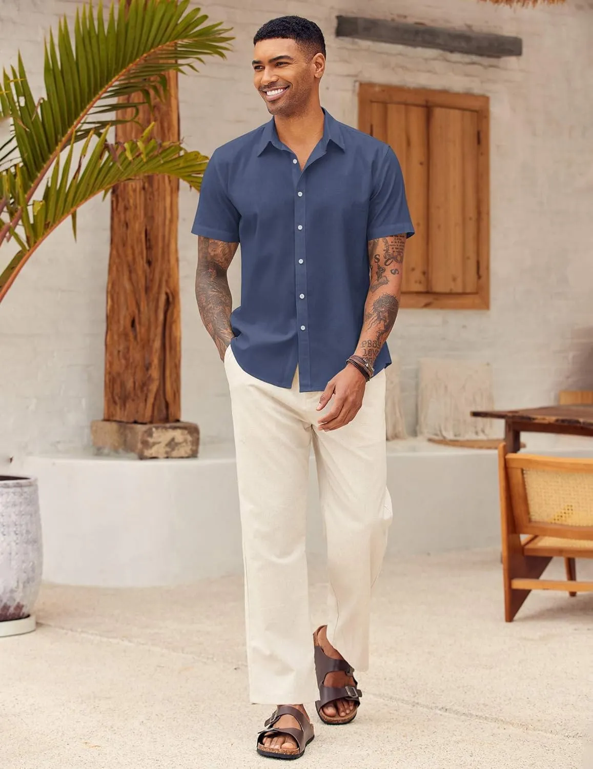 COOFANDY Men's Linen Casual Short Sleeve Shirt Button Down Summer Beach Wedding Shirts
