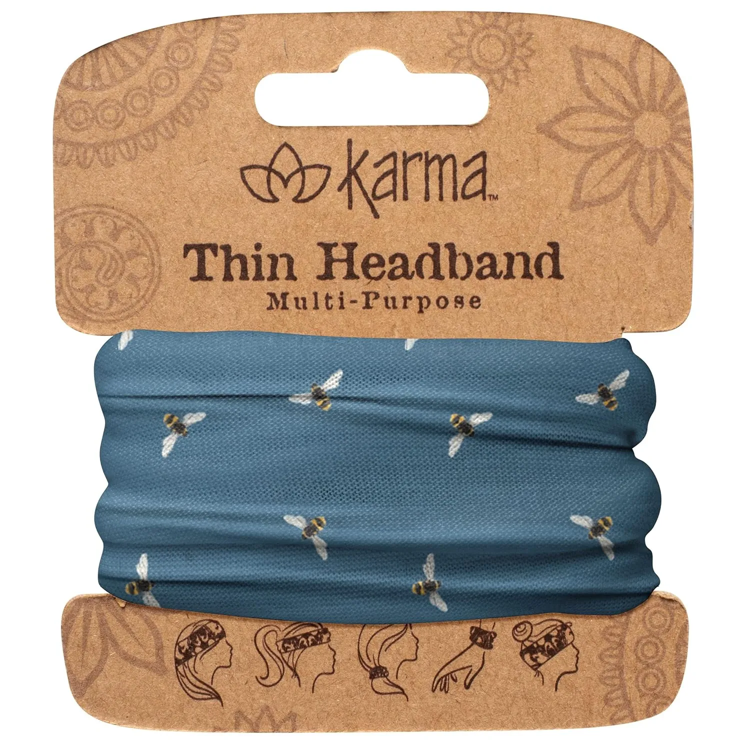 Karma Multi Bee Headband for Women - Thin - Fabric Headband and Stretchy Hair Scarf - Blue