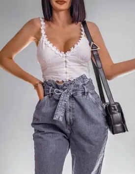 Lace Trim Button Up Crop Top