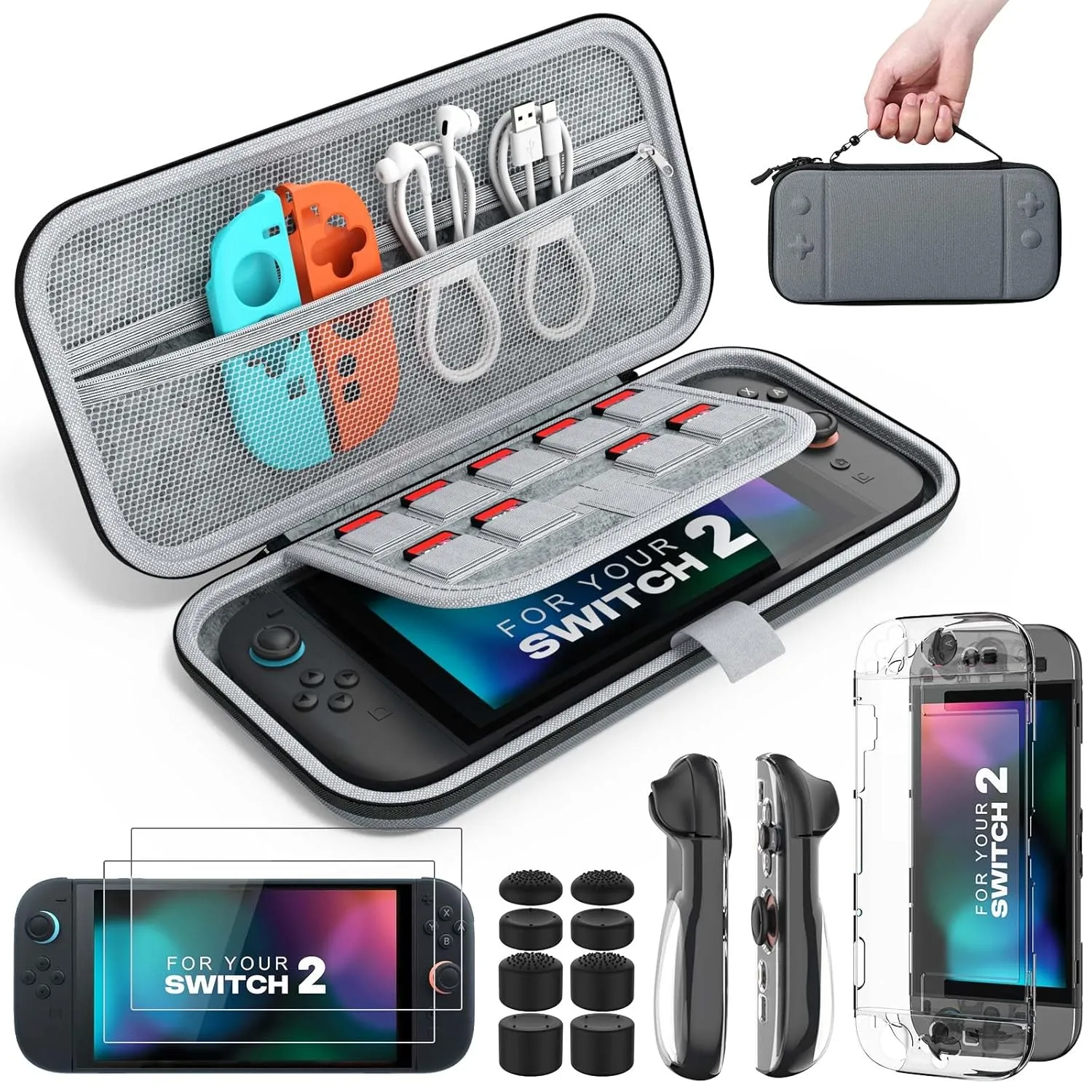 MoKo Switch 2 Accessories Bundle Kit for Nintendo Switch 2 (2025), 14 in 1 Gift Kit with Carrying Case, Protective Cover, Clear TPU Joycon Case, 2x Screen Protectors and 8x Thumb Grip Caps, Gray