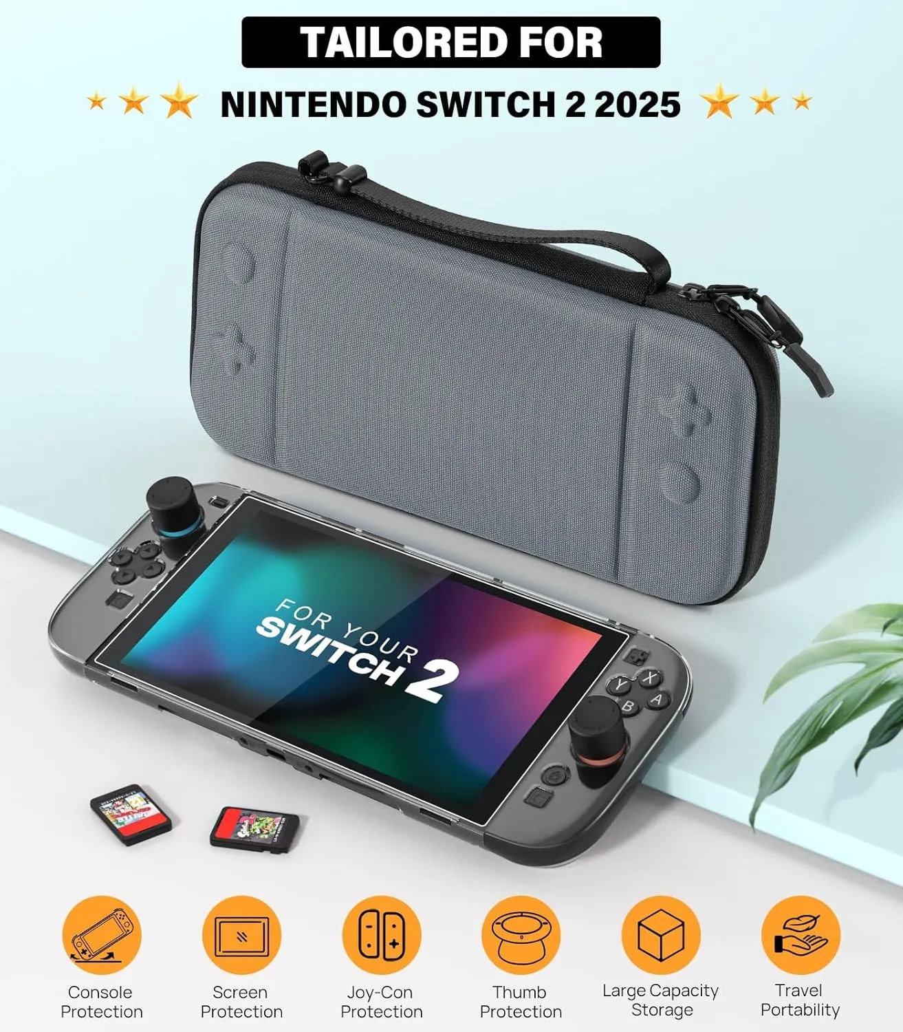 MoKo Switch 2 Accessories Bundle Kit for Nintendo Switch 2 (2025), 14 in 1 Gift Kit with Carrying Case, Protective Cover, Clear TPU Joycon Case, 2x Screen Protectors and 8x Thumb Grip Caps, Gray