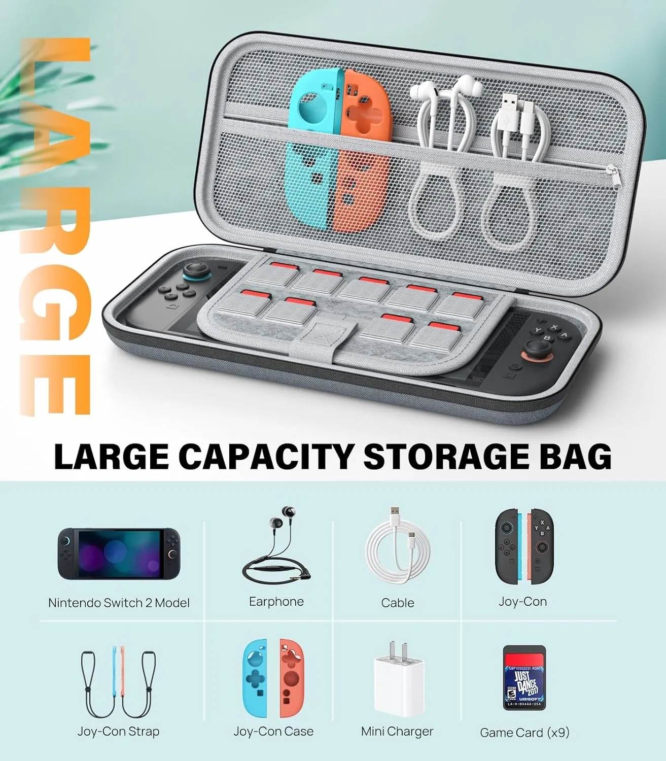 MoKo Switch 2 Accessories Bundle Kit for Nintendo Switch 2 (2025), 14 in 1 Gift Kit with Carrying Case, Protective Cover, Clear TPU Joycon Case, 2x Screen Protectors and 8x Thumb Grip Caps, Gray