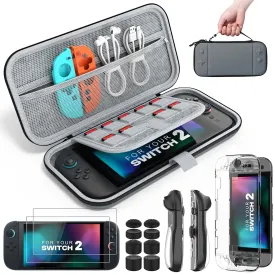 MoKo Switch 2 Accessories Bundle Kit for Nintendo Switch 2 (2025), 14 in 1 Gift Kit with Carrying Case, Protective Cover, Clear TPU Joycon Case, 2x Screen Protectors and 8x Thumb Grip Caps, Gray