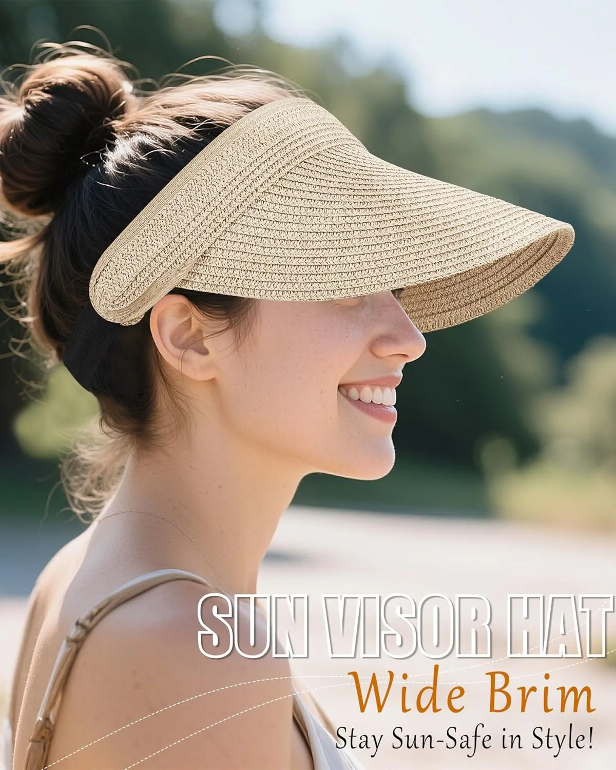 Sun Visor Hats for Women, UV Protection Straw Sun Hat, Packable Ponytail Beach Hat for Summer Travel & Outdoor Activities