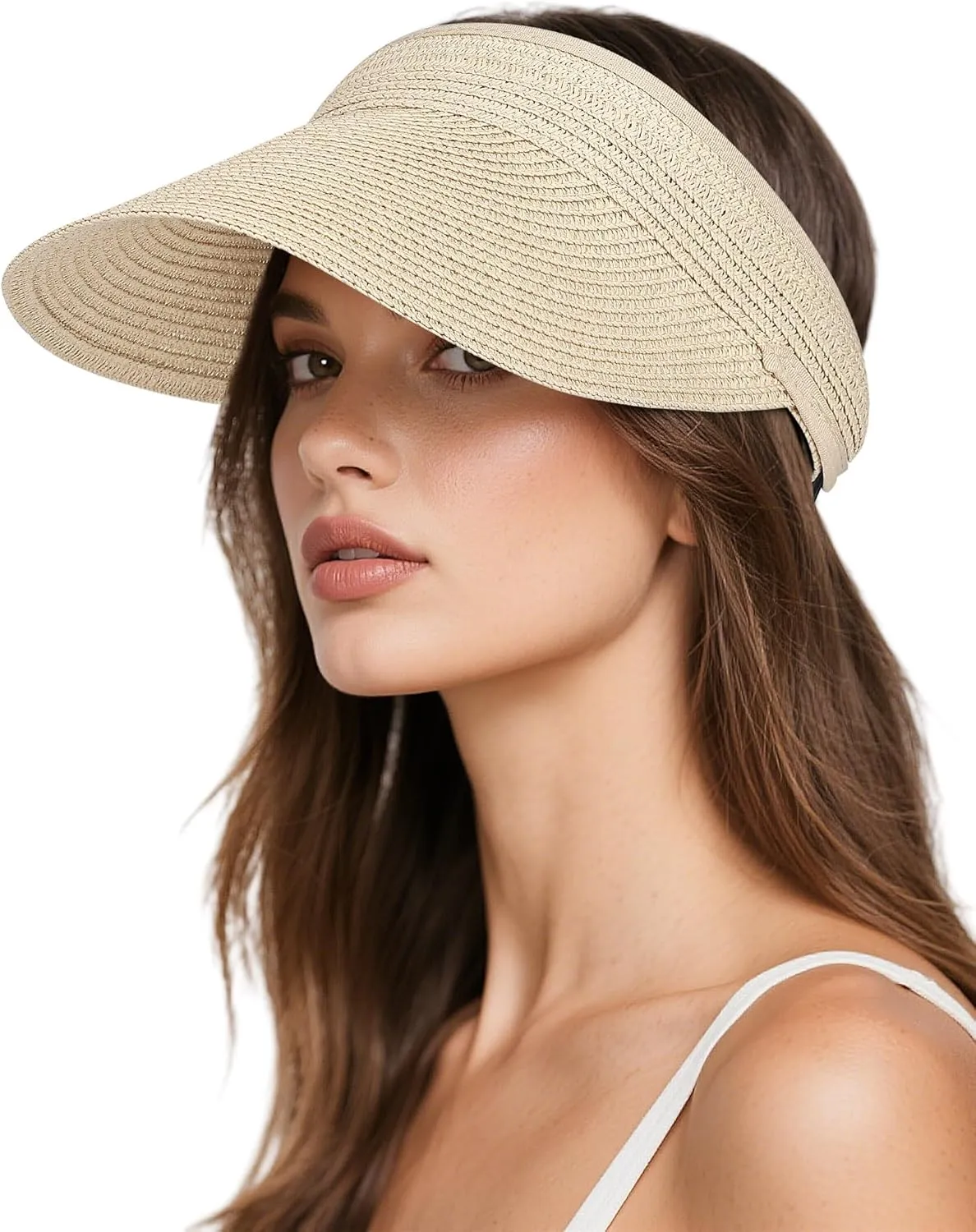Sun Visor Hats for Women, UV Protection Straw Sun Hat, Packable Ponytail Beach Hat for Summer Travel & Outdoor Activities