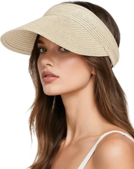 Sun Visor Hats for Women, UV Protection Straw Sun Hat, Packable Ponytail Beach Hat for Summer Travel & Outdoor Activities