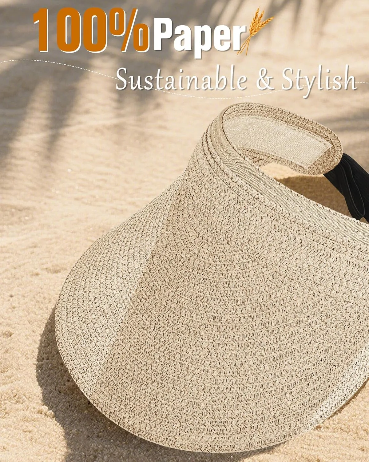 Sun Visor Hats for Women, UV Protection Straw Sun Hat, Packable Ponytail Beach Hat for Summer Travel & Outdoor Activities